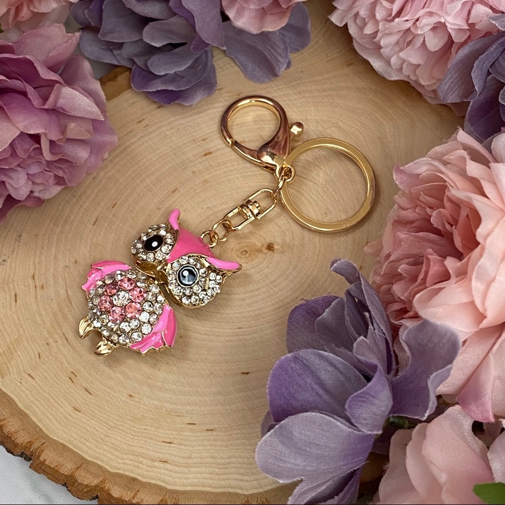 Hot Pink Crystal Owl on a Gold Keychain - Picture 5 of 12